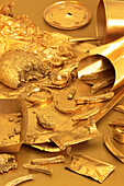 Golden street food spread on a table against a golden background