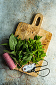 Fresh organic mint leaves ready for cooking on the kitchen table