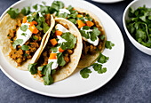 High angle of served appetizing Mexican tacos with spicy chili peppers and cilantro on plate. Generative AI