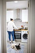Back view full body of anonymous female in casual outfit cooking food at kitchen counter with cute fluffy dog at home