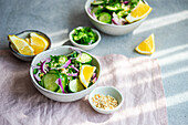 Gesunder Gemüsesalat mit Bio-Gurke, roter Zwiebel, Koriander und gehackten Nüssen auf einem blauen Betontisch von oben