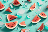 Background of beautiful watermelon fruit slices on frozen surface with ice shapes. Generative AI