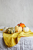 Still life composition with assorted types of whole fresh round squashes of various colors placed in table with a yellow towel near white wall