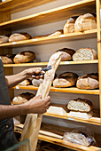 Unrecognizable African American male seller in apron putting fresh baked bread into paper bag while standing near shelves during work process