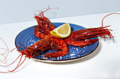 Tasty seafood of cooked red shrimps with fresh lemon slices and coarse salt on white background