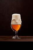 Freshly brewed foamy beer in tulip glass placed on wooden counter against brown background