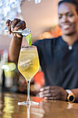 Blurred African American female bartender garnishing cold cocktail with mint leaf placed on counter in bar