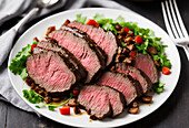 Generative AI illustration of appetizing sliced roast beef served on white ceramic plate with parsley placed on wooden table near fork