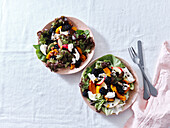 Draufsicht mit zwei Tellern Salat mit gebratenem Kürbis, Beeren und Ziegenkäse. Vegetarisches Festtagsessen