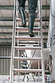 Back view of crop unrecognizable male engineer ascending ladder against metal vessel in beer factory
