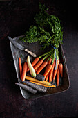 Top view of bunch of assorted colorful carrots with knife in metal box placed on black table