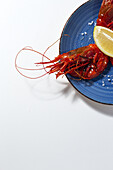 Tasty seafood of cooked red shrimps with fresh lemon slices and coarse salt on white background