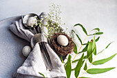 Setting for Easter dinner with ceramic plates easter eggs in nest surrounded by cushion baby's-breath leaves