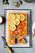 Quadratische Scheibe leckeren hausgemachten Zitronenkuchen auf Metallgestell in Küche auf grauem Hintergrund platziert