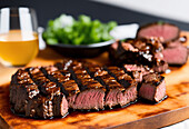 Generative AI illustration from above of appetizing juicy grilled beef steak served on wooden cutting board near salad and drink in glass