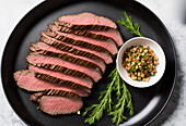 Generative AI image top view of delicious sliced roast beef served on black tray near bowl with lentil salad and dill placed on white marble table