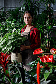 Woman carrying potted green plant while working in hothouse