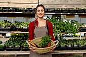Woman in apron looking at camera smiling carrying wicker basket with gardening tools and potted sprouts while working in hothouse