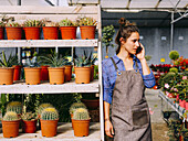 Happy lady in apron smiling and answering phone call while leaning on shelves with succulents during work in hothouse