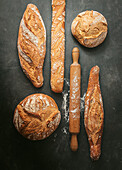 Top view composition with various typed of freshly baked crusty artisan bread loaves of different shapes placed near wooden rolling pin on black background