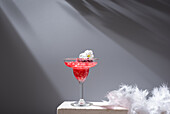 Crystal glass of pomegranate margarita cocktail served with flower blooms near near feathers on concrete blocks in studio
