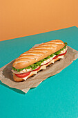 From above appetizing sandwich with grilled chicken, fresh lettuce and tomatoes served on baking paper on colorful table background