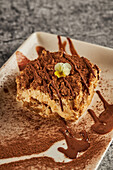Draufsicht auf ein Stück köstliches Tiramisu-Dessert, garniert mit Kakaopulver und Schokoladensauce mit Blume und serviert auf einem rechteckigen Teller mit Beeren auf einem grauen Marmortisch im Restaurant