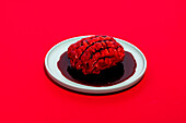 Edible fake brain with fake blood placed on white round plate on red background