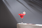 Crystal glass of pomegranate margarita cocktail served with flower blooms on concrete blocks in studio