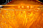 Nahaufnahme eines Gin-Tonic-Cocktails mit einer frischen Orangenscheibe, die im Glas blubbert