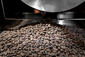 From above bunch of roasted cocoa beans in drum of roasting machine during work in cafe