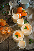 High angle of tasty tangerine mousse garnished with fresh mint leaves served in glass cups on wooden table