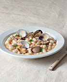 Appetizing traditional spanish stewed white fabes beans with mollusks in plate with fresh parsley leaves on tablecloth