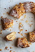 Delicious three kings cake pieces with coconut flakes and almond petals during Epiphany holiday