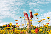 Crop unrecognizable female in bright footwear lying with crossed legs among blossoming daisies under cloudy blue sky in countryside