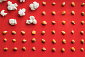 Closeup of some popcorn on a red background