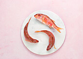 Top view of raw fishes in plate on pink background