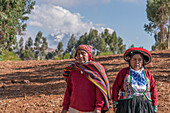 Couple of aged Peruvian farmers in bright traditional clothes standing in rural area in harvest season in Chinchero