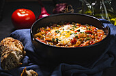 Appetizing traditional Spanish dish made of egg and assorted vegetables and served in bowl on table