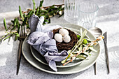 Cutlery set for Easter dinner with olive tree branches and eggs on a bird nest on a concrete background