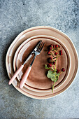 From above pink stoneware plates setting with fresh blackberries served on the dark concrete table