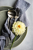 From above plates setting with white Dahlia flower on concrete table