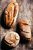 Draufsicht auf frisch gebackene leckere Sauerteigbrote in verschiedenen Formen auf einem Holztisch in einer Bäckerei