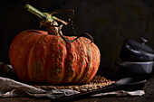 Whole ripe pumpkin with slightly ribbed skin placed on wooden table on placemat against black background