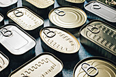 From above unopened metal cans