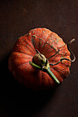 From above whole ripe pumpkin with slightly ribbed skin placed on wooden table
