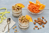 Carrot and orange cheesecake with date, almond and coconut crumble