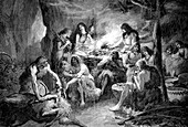 Cave dwellers in the Stone Age, illustration