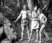 Germanic men finding Roman military sign, illustration