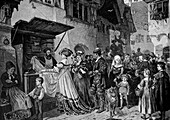 Market during the Middle Ages, Germany, illustration